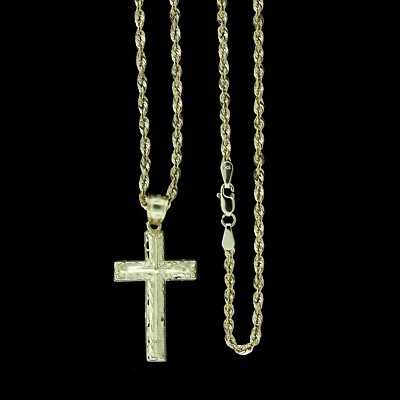 Mens 10K Yellow Gold Nugget Cross Charm Pendant With 2.5mm Rope Chain Necklace