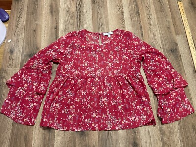 Almost Famous Blouse, Women's Medium Red Purple Green Red Floral See Through