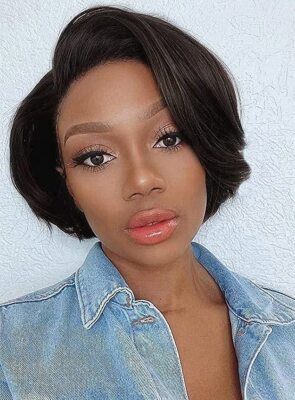 Women Human Hair Black Pixie Cut Wig No Lace Side Part Black Bob Wig Glueless US
