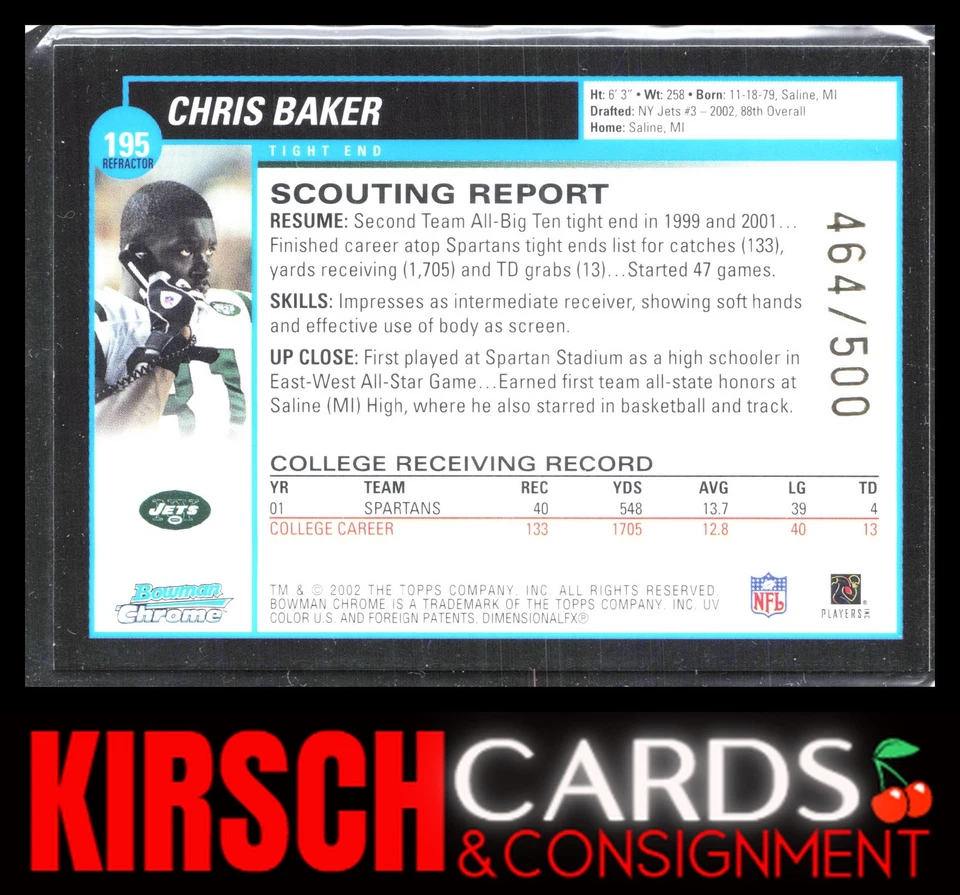 Chris Baker 2002 Bowman Chrome #195 Refractors #/500 New York Jets - Image 2 of 2