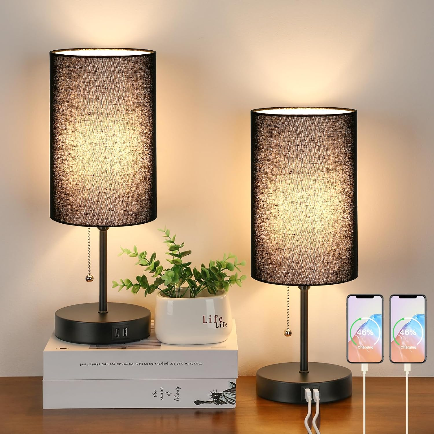 Dual USB Table Lamps Modern Bedside Lighting for Bedrooms Nights