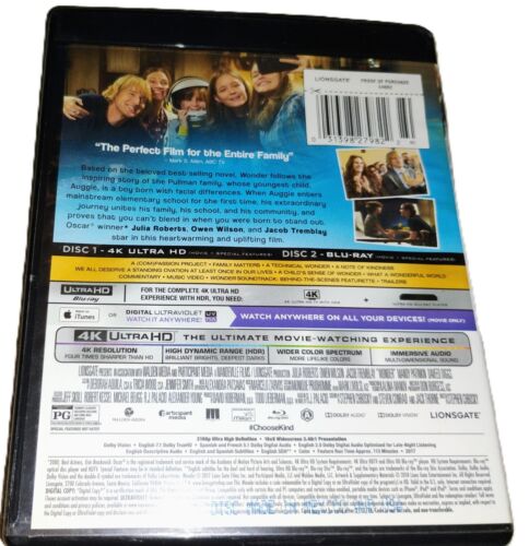 Wonder (Ultra HD, 2017) 4K Ultra HD + Blu-ray Owen Wilson CIB Same Day Shipping - Imagen 2 de 3