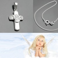 Kinder Kommunion Taufe Kreuz AnhäNger Schutzengel Mit Herz Und Kette Silber 925