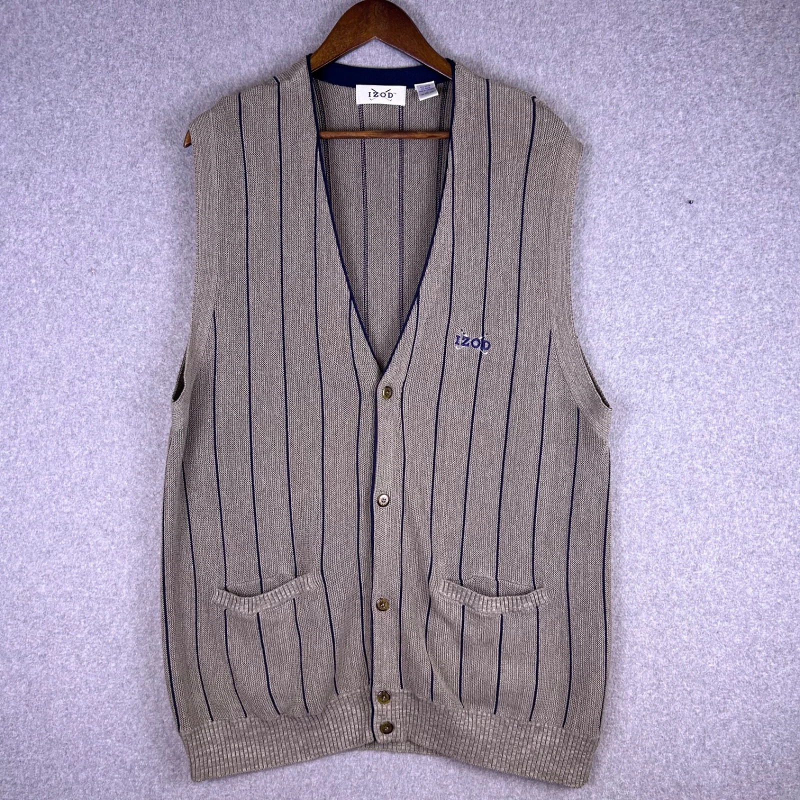 Izod Vest Men's L Brown Striped V-Neck Button Down Golf Preppy Grandpa Vintage