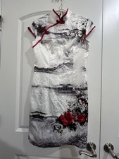NWT Silk Blend Qipao Cheongsam Ink Landscape Red Trim Chinese Dress S