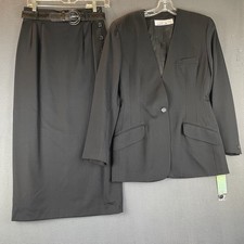 VTG Anne Klein 100 Wool Skirt Suit Sz 8 NWT Black Ankle Pencil Lined Slit Belt
