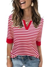 3/4 Sleeve Red Shirt Womens Casual Travel V Neck Tee Shirts Spring Fashion St...