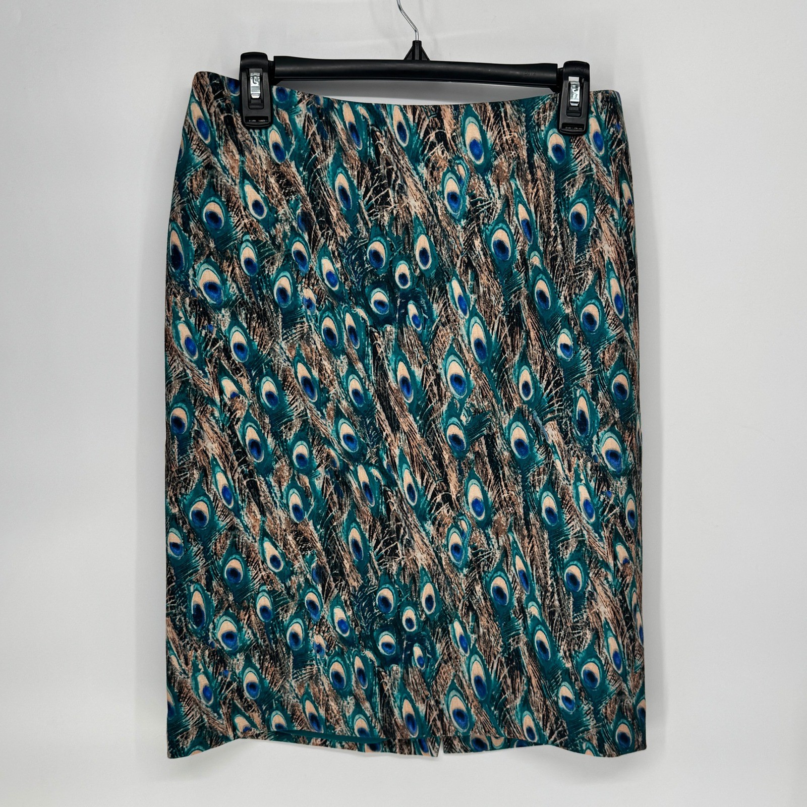 Talbots Women's Size 6 Pencil Skirt Peacock Feather Print Knee Length Back Slit