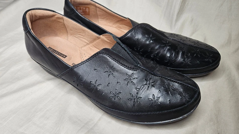 Zapatos de cuña Clarks sin cordones para mujer talla 11 anchos de cuero negro punta redonda cómodos Foto 2 de 4