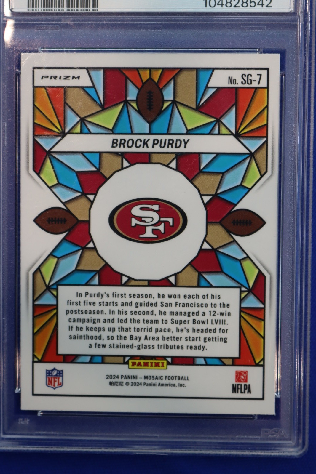 2024 Panini Mosaic Prizm BROCK PURDY Stained Glass Card #SG7 PSA MINT 9 49ERS QB view 4