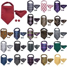 Formal Blue Men's Ascot Cravat Tie Paisley Floral Hanky Cufflinks Set Wedding