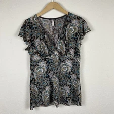 Perseption 1x Babydoll Fairy Grunge Top Short Sleeve Dark Floral Paisley Y2k 90s