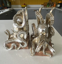 Octopus Bookends Pair 2 Pack Silver Metallic Finish Wood effect Base Anti-Slip