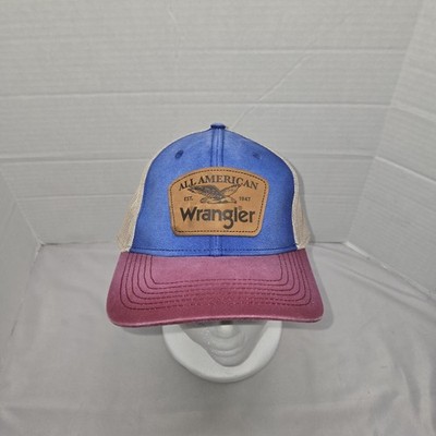 Wrangler Jeans Patch Sample Trucker Hat Adj Snapback Mesh Cap Nwot Red Blue Tan