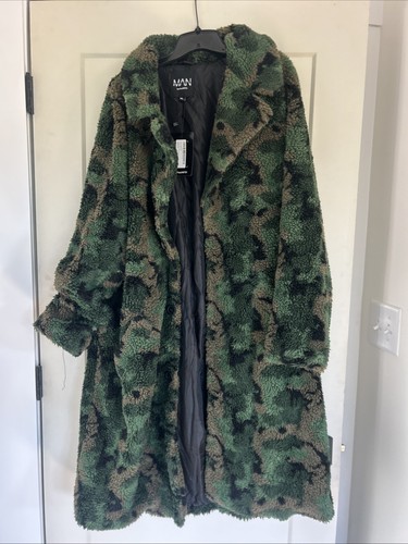 MAN boohooman Camo Borg Longline Jacket Size XL
