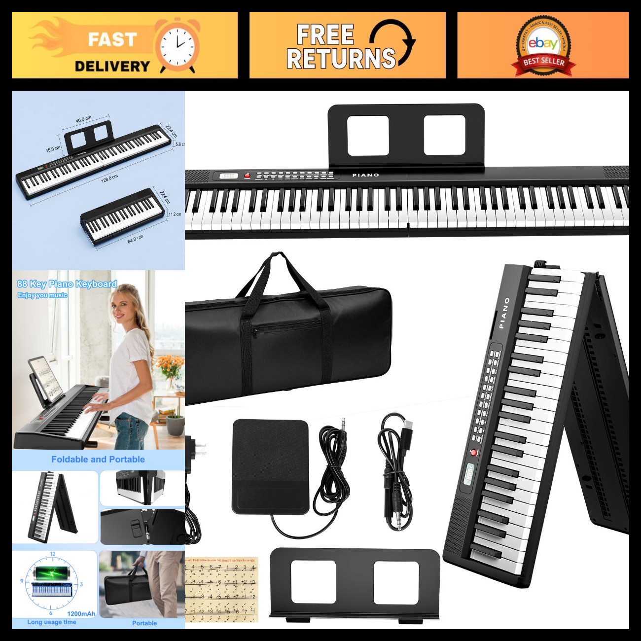 Foldable 88-Key Digital Piano Keyboard with Pedal, Stand, Bag & Accessories - Bl