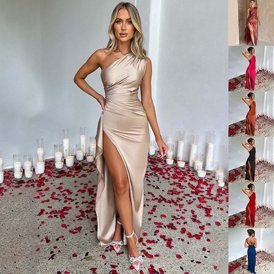 Women's One Shoulder Satin Maxi Dress Make a stylish statement with this elegant