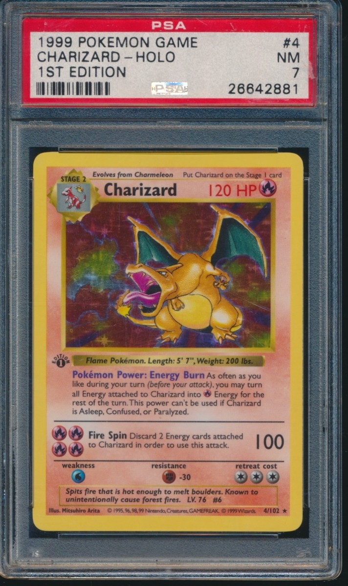 PSA 7 CHARIZARD 1999 Pokemon 1ST EDITION THICK STAMP SHADOWLESS #4
