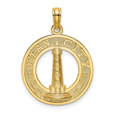 14k Gelbgold Ocean City runder Rahmen mit Leuchtturm Anhänger