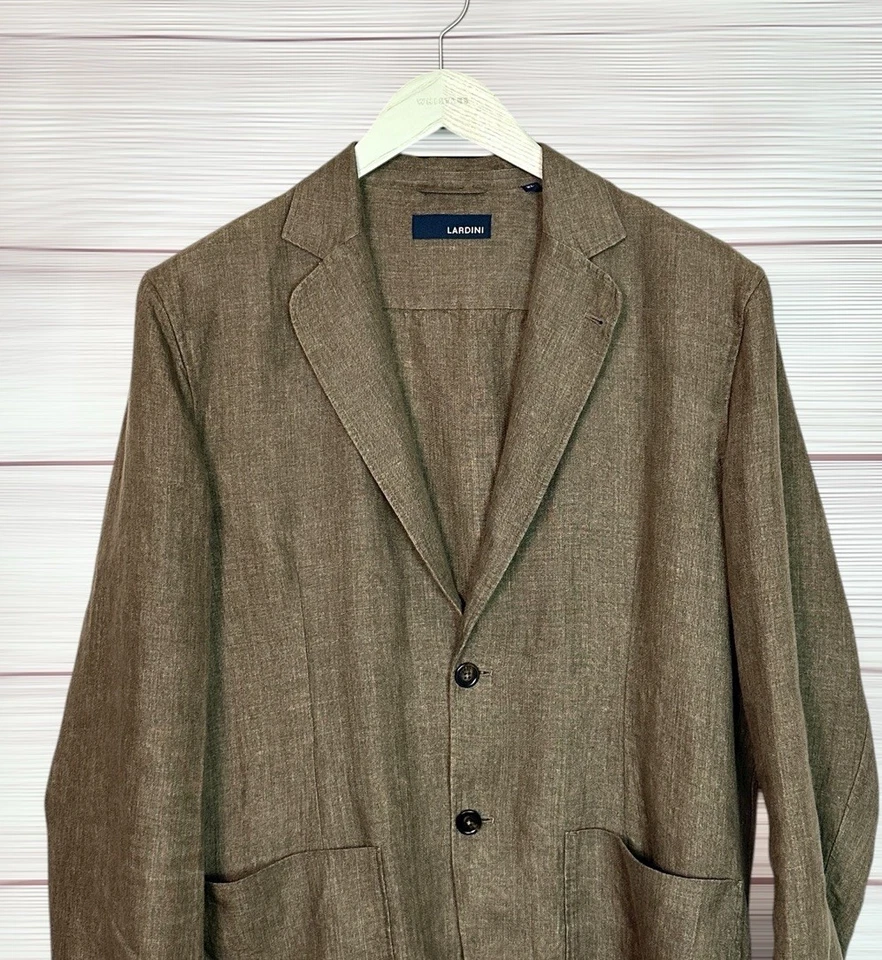 Blazer de lino LARDINI sin forro parche bolsillo marrón topo ligero Italia para hombre XL Foto 4 de 4