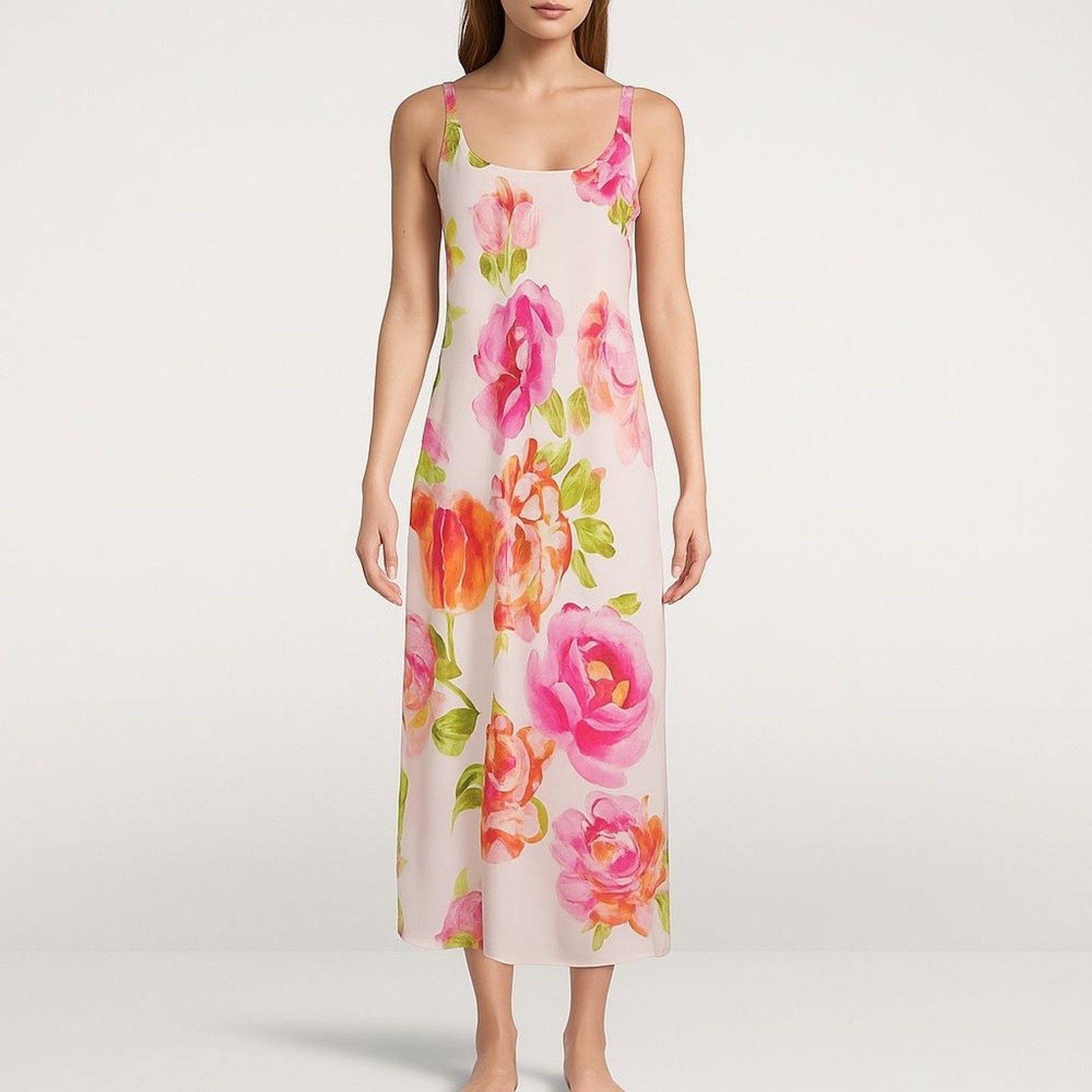 Natori South Pacific Floral Robe & Slip Nightgown Set Pink Orange Ivory Size S M