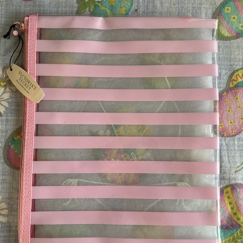 Victoria's Secret Clutch transparent/pink gestreift großer Reißverschluss goldfarben Bikini nass Beutel - Bild 4 von 6