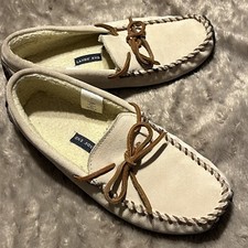 Lands End Moccasin Slippers Shoes Beige Leather Faux Fur Lined Womens Size 8M