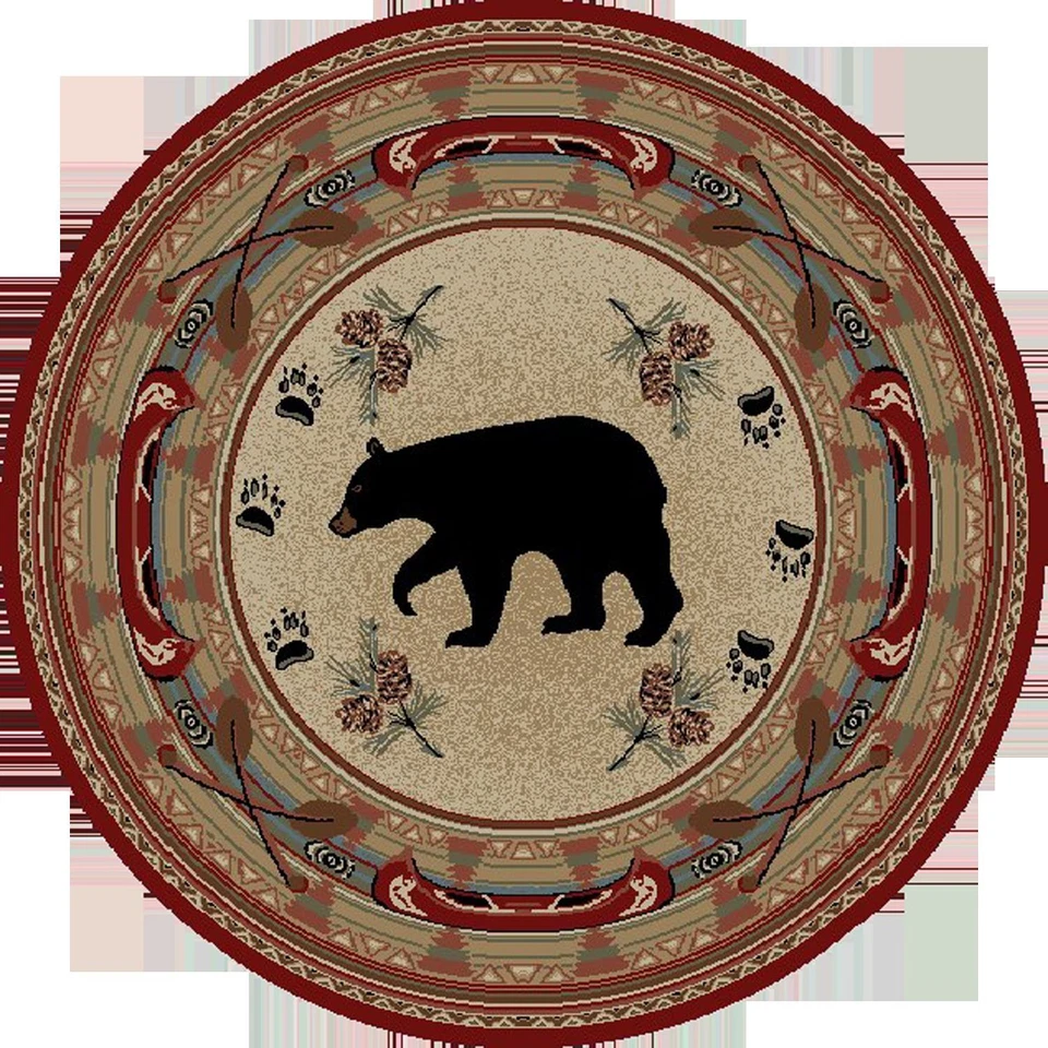 HEARTHSIDE Round Area Rug Lodge Cabin Bear Paw Canoe Oar Fish Trout Deer Buck Red Beige
