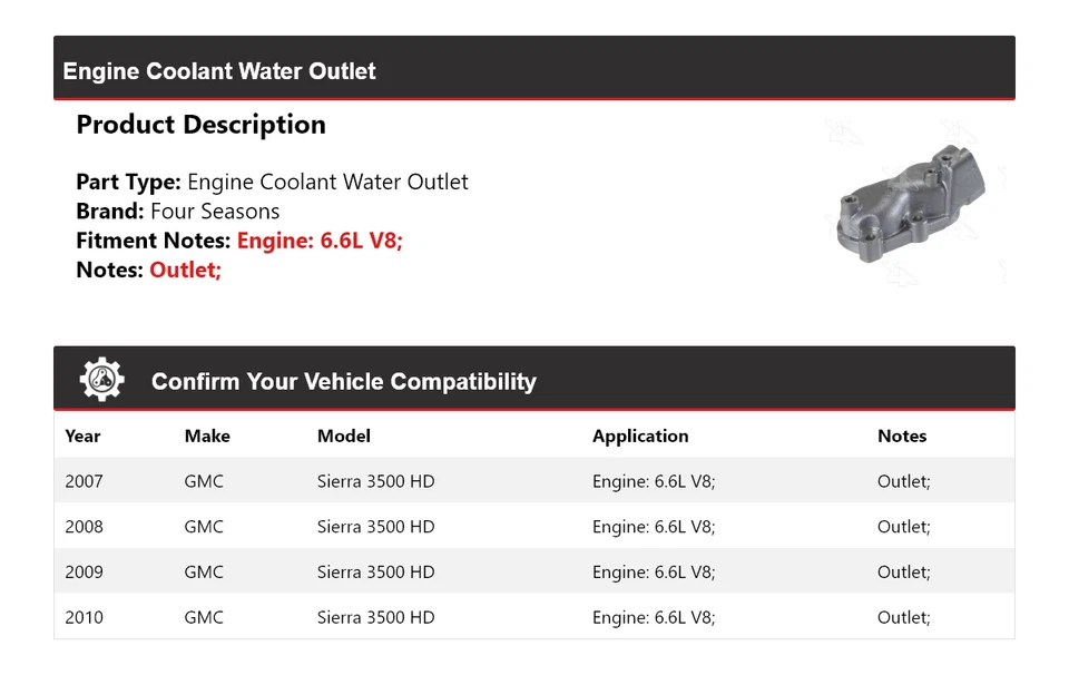 Para GMC Sierra 3500 HD 2007-2010 6,6 L V8 motor refrigerante salida de agua 4 estaciones Foto 2 de 4