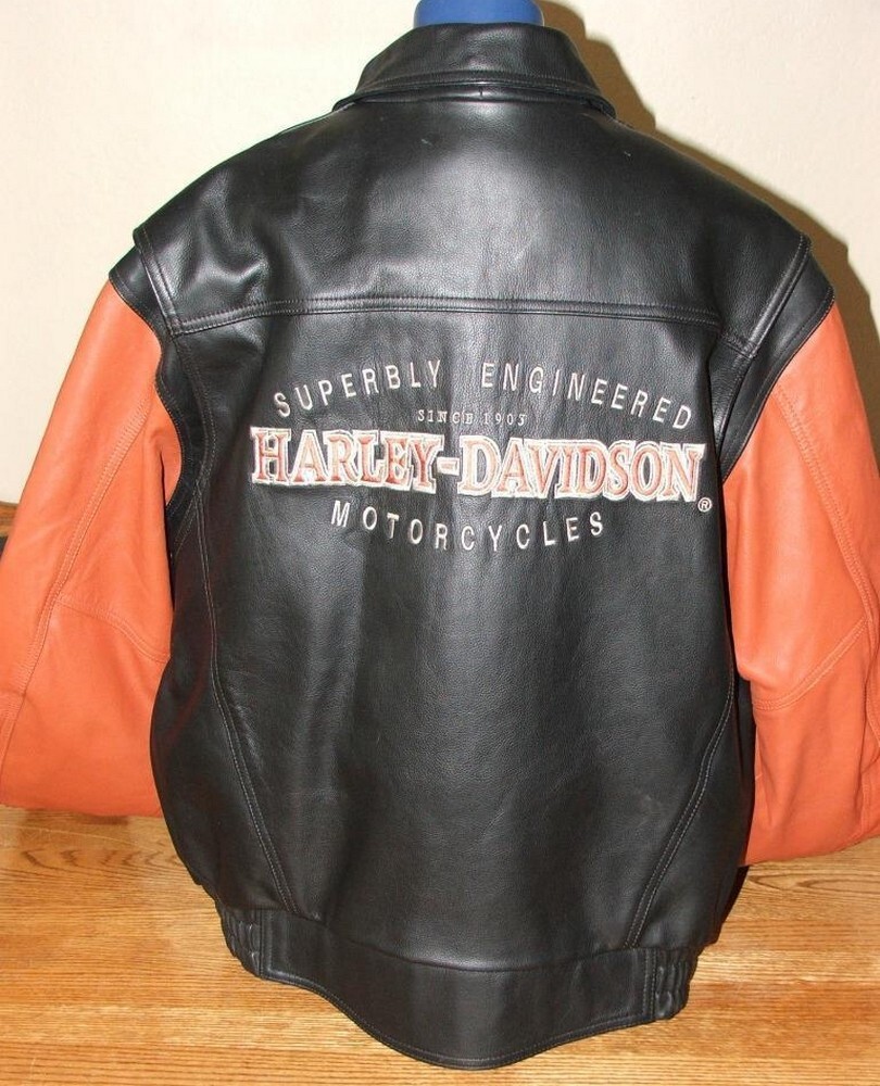 Harley Davidson XL Black Orange Varsity Letterman Leather Jacket
