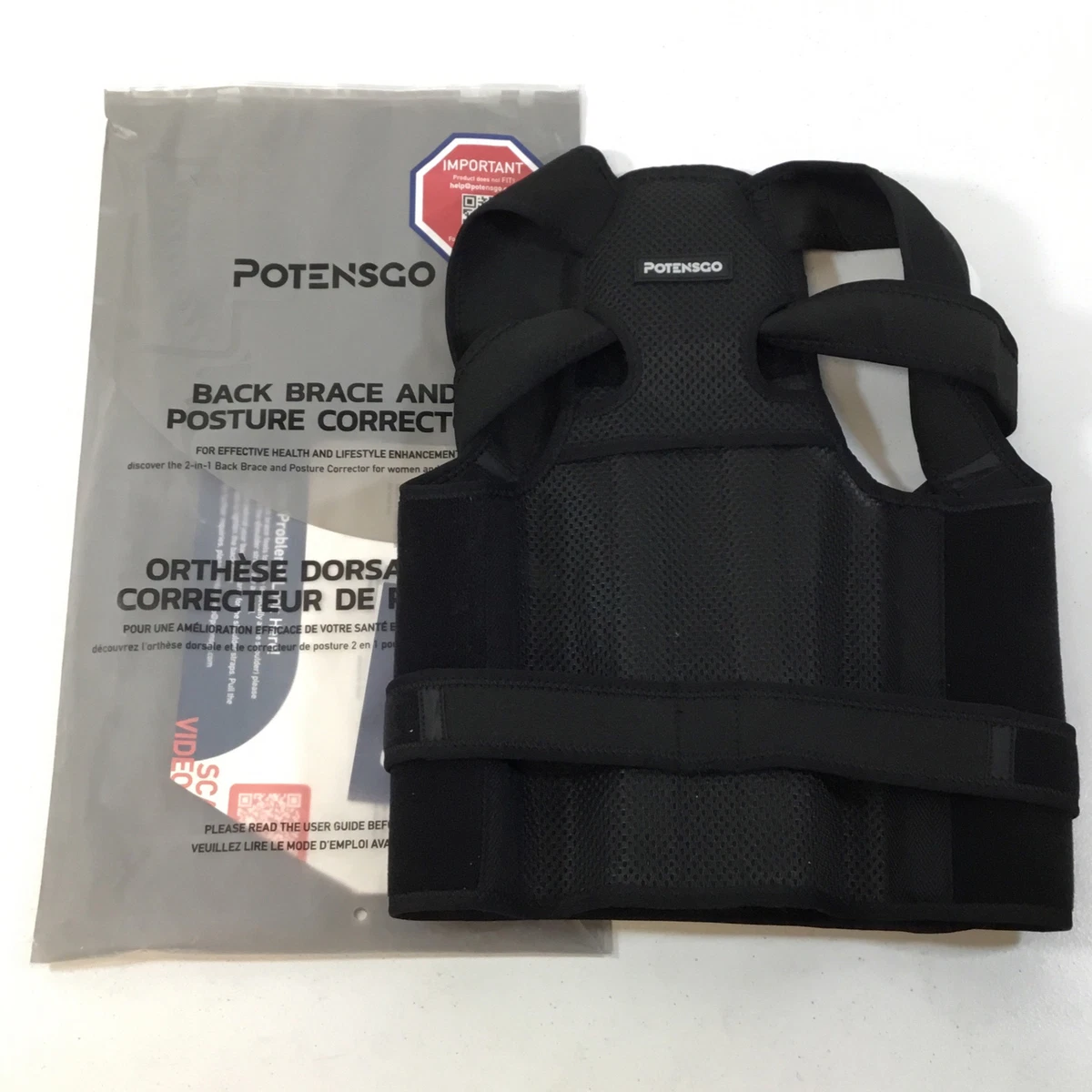 Potensgo Unisex Black 2 In 1 Ergonomic Back Brace Posture Corrector Sz S Used