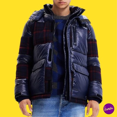 DESIGUAL Herren CHAQ_Bernard Tartan Puffer Jacket, Navy Blue, UK M | EU 48