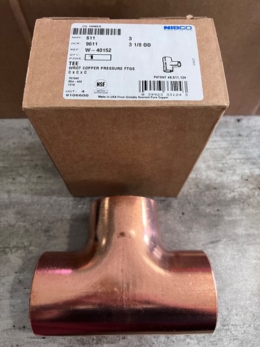 New NIBCO 611 9611 3 1/8" OD 3" Copper Tee CxCxC Wrot Pressure Fitting 1VME5