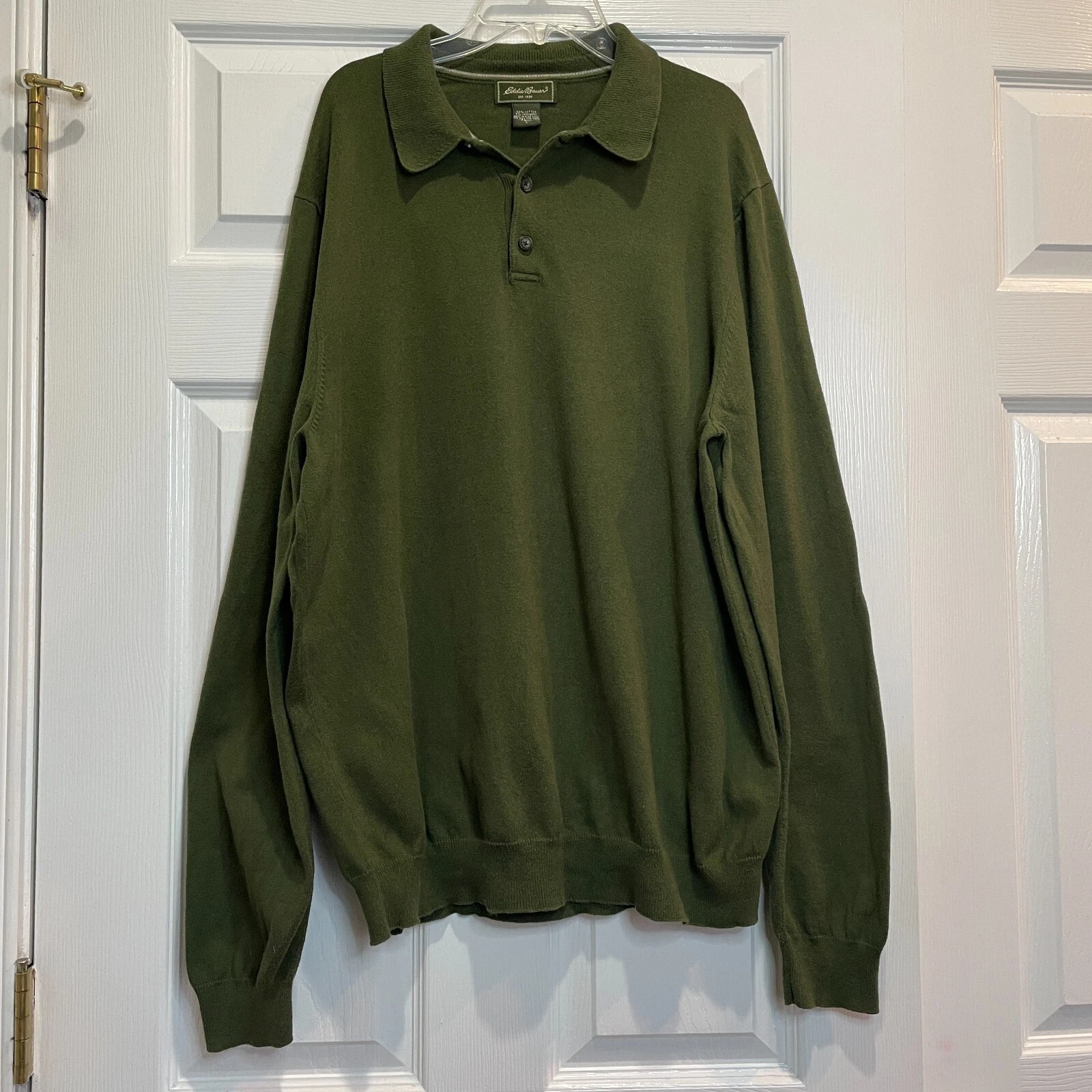 Eddie Bauer Mens L Tall Cotton Cashmere Green Long Sleeve Knit Pullover Collar