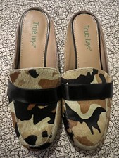 True Ivy Addison Camouflage Calf Hair Mules Sz 7.5M