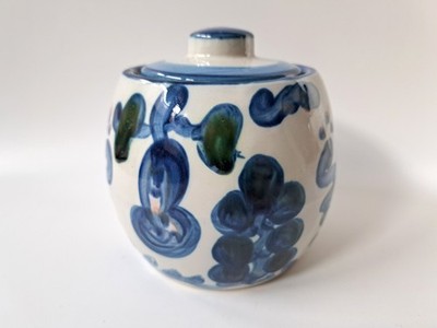 M A Hadley Pear and Grape 4'' Blue Sugar Bowl & Lid Candy Jar THE END (c 1990s)