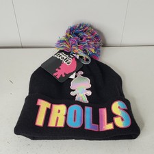 New DreamWorks Trolls Youth Black Beanie Hat Pom Pom Iridescent Logo  Character