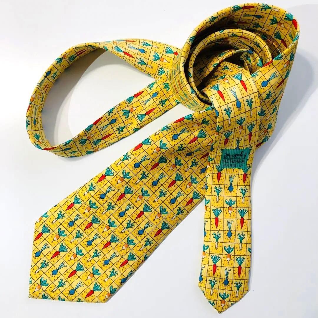 Hermes Tie Pattern Light Yellow Vegetable Motif U… - image 2