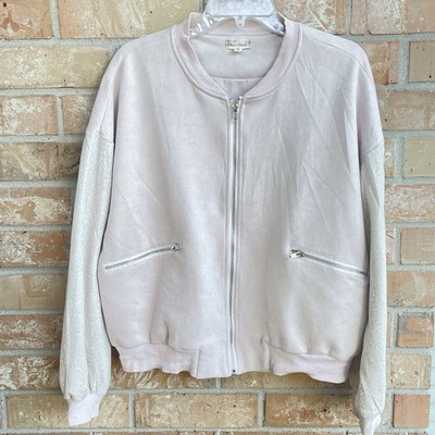 Hem & Thread Blush pink Snake print sleeve jacket Sz L full zip pockets
