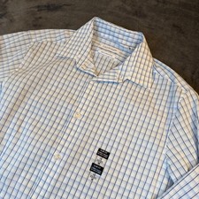Calvin Klein Slim Fit Dress Shirt Mens Medium White Blue Plaid Stretch Collar