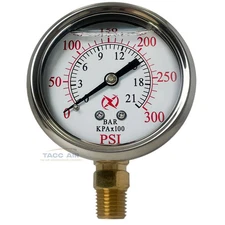 2.5" Liquid Filled Lower Side Mount Pressure Gauge 300 PSI Stainless 1/4" NPT