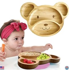 Eco-Friendly Bamboo Kids Plates - Suction Baby Dishes, Bear Design, BPA-Free