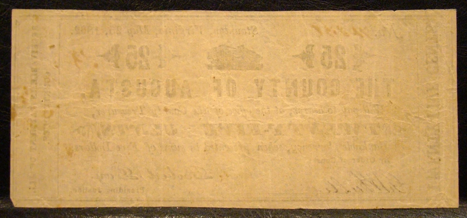 1862 COUNTY OF AUGUSTA VA (STAUNTON) .25 CENTS NOTE-CONFEDERATE-CIVIL WAR - Image 2 of 2