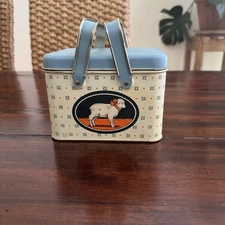 Vintage Bristol Ware Tin Box with Lid and Handles Sheep Blue Cream Storage 
