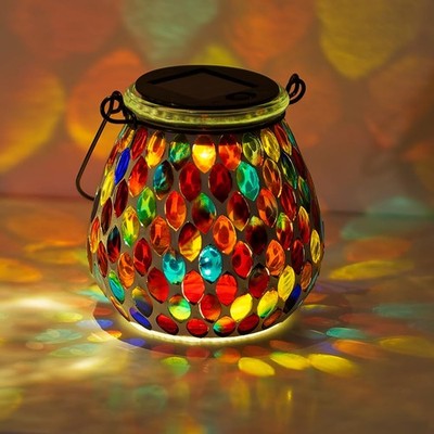 Solar Lanterns Outdoor Waterproof, Exquisite Colorful Mosaic Glass Solar Gard...