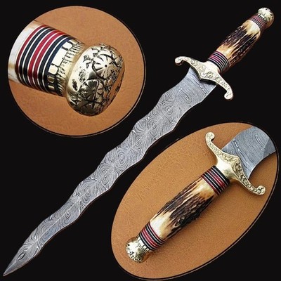 CUSTOM HANDMADE DAMASCUS STEEL WAVY/VIVI COMANNDO KNIFE WITH STAG HORN