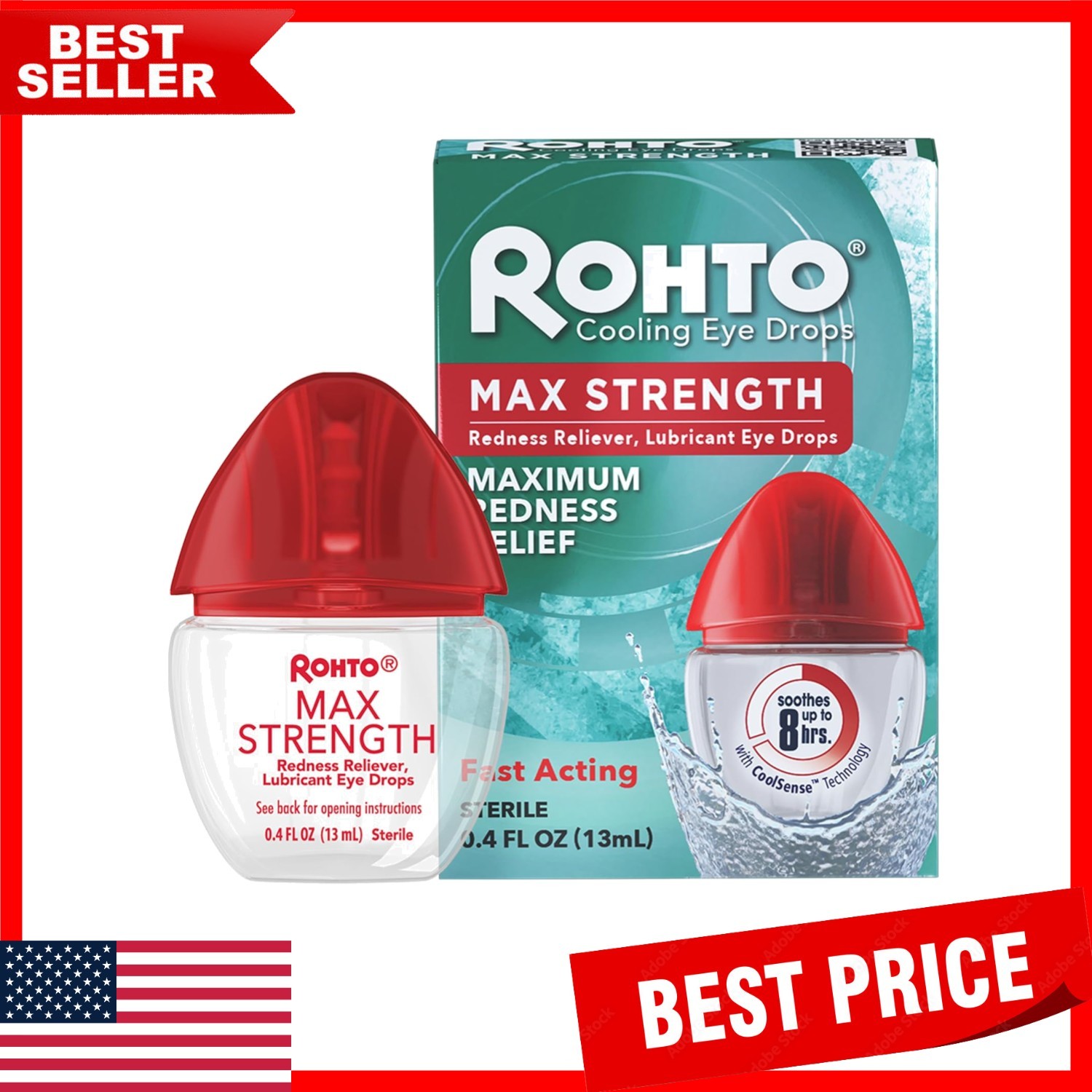 Max Strength Cooling Eye Drops, Fast Relief for Red, Dry, It
