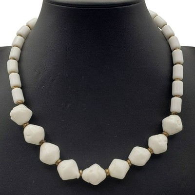 Miriam Haskell Necklace White Milk Glass Beaded Choker Vintage 70s Bridal Summer