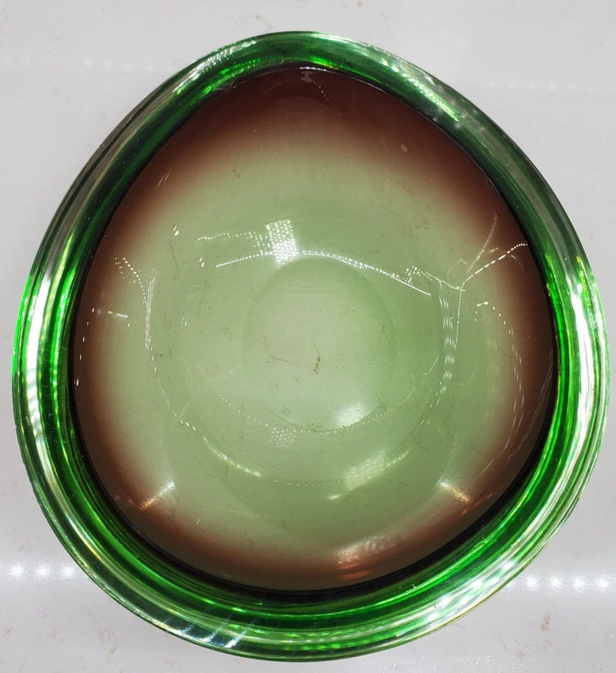 Imperfecto Raro Arte de Murano Vidrio Geoda Forma de Huevo Tazón Ovalado Verde Ámbar Transparente Foto 2 de 4