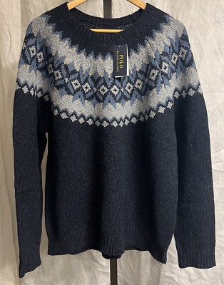 Polo Ralph Lauren Wool Cortina Sweater Fair Isle Navy Blue Heather Men's Size XL